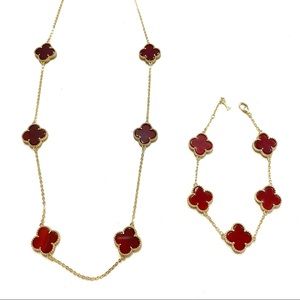 18K Gold Plated Sterling Silver Red Agate Clover Necklace and Bracelet set.